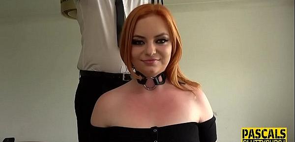  Plump submissive redhead throats cock